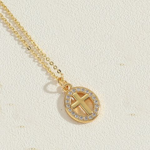 Copper 14K Gold Plated Vintage Style Simple Style Commute Hollow Out Inlay Cross Round Star Zircon Pendant Necklace