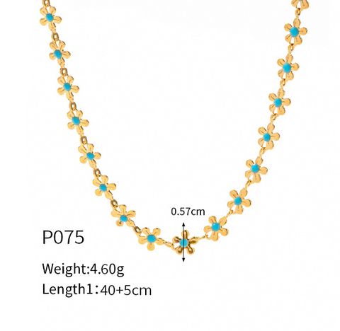 Ins European And American Personalized Gold Blue With Flowers Drop Oil Necklace Titanium Steel Plated 18k Real Gold Bracelet Set P075-e012