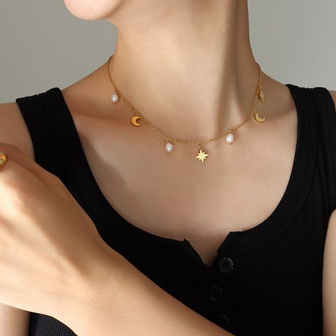 Mode Star Moon Titan Stahl Halskette Leuchtende Perle Edelstahl Halsketten 1 Stück