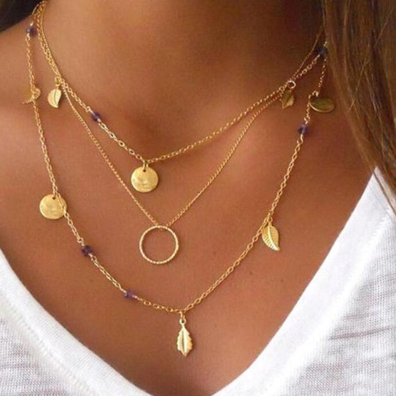 Fashion Geometric Circle Leaves Alloy Layered Necklaces
