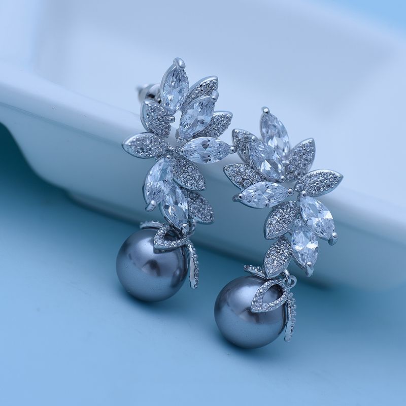 Korea Zircon Plating Earrings  (gray Beads Platinum -09a07)  Nhtm0011-gray Beads Platinum -09a07