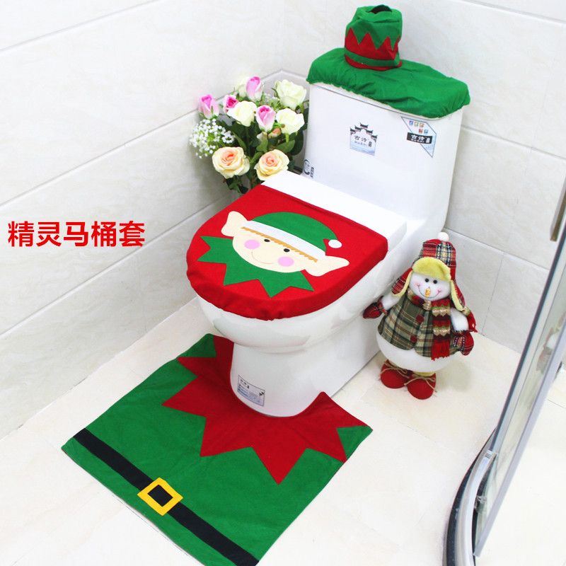 Spot Sales Christmas Elf Toilet Seat Cover Christmas Toilet Lid Plus Foot Mat Plus Water Tank Cover + Tissue Cover