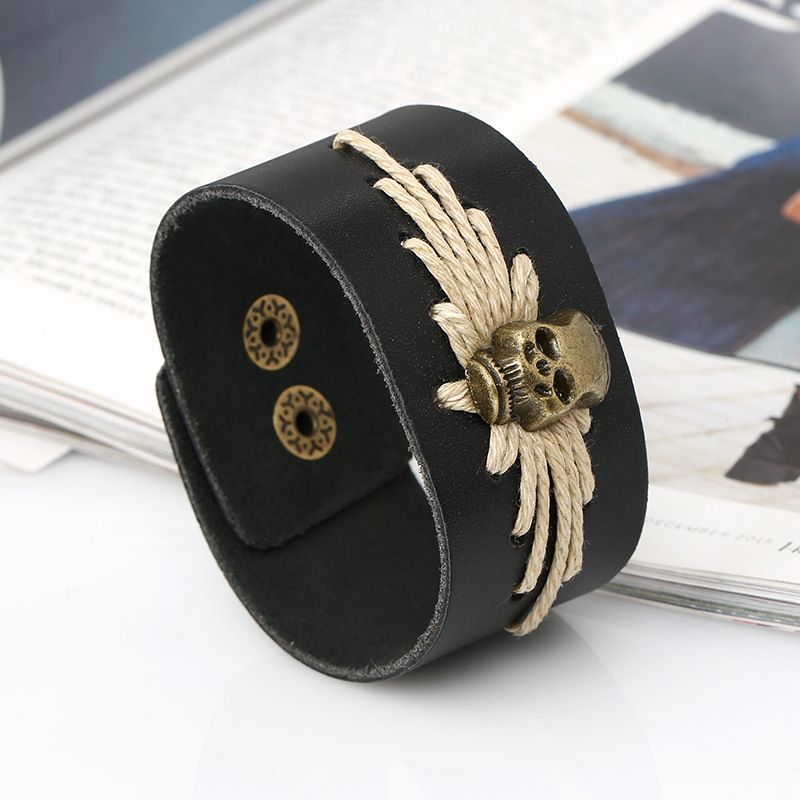 Punk Fabrik Direkt Vertrieb Europäischer Und Amerikanischer Außenhandel Export Schmuck Retro Gewebtes Rindsleder Armband Schädel Leder Armband