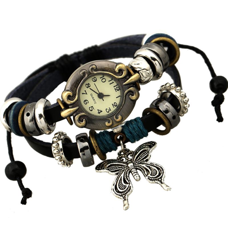 Süßer Und Süßer Stil Schmuck Großhandel Mode Temperament All-match Big Butterfly Leder Armband Uhr Retro Uhr