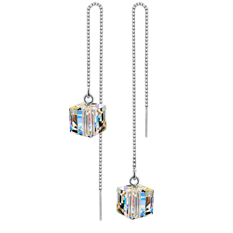 Korean Style Face Repair Earrings 925 Sterling Silver Aurora Borealis Cube Austrian Crystal Long Fringed Earring Thread Se663