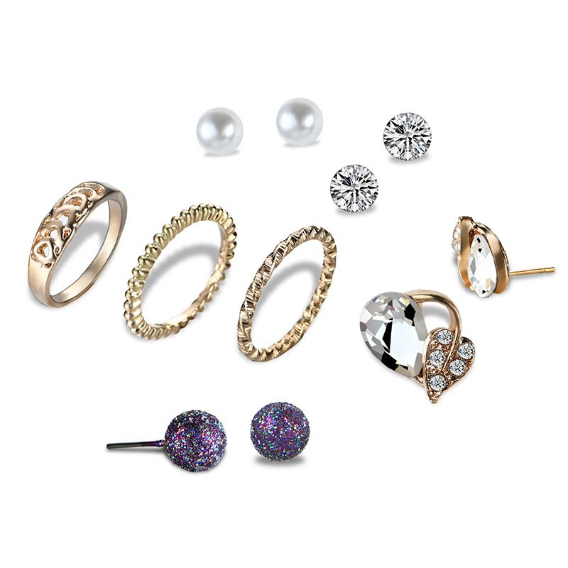 Retro Fashion Ring Set Kombination Europäische Und Amerikanische Beliebte Perlen Strass Ohrringe Grenz Überschreiten Der E-commerce Heißer Verkauf Heißer Stil