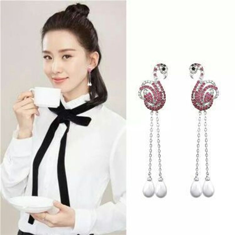 Europäische Und Amerikanische Mode Persönlichkeit Flamingo Ohrringe Mikro Eingelegt Rosa Aaa Zirkon Lange Quaste Perlen Ohrringe