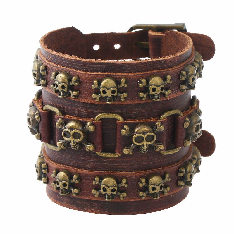 Punk Ventes Directes D'usine Exagéré Large En Cuir Punk Bovins En Cuir Bracelet Croix-frontière De Fournir Skull Hommes En Cuir Véritable Bracelet