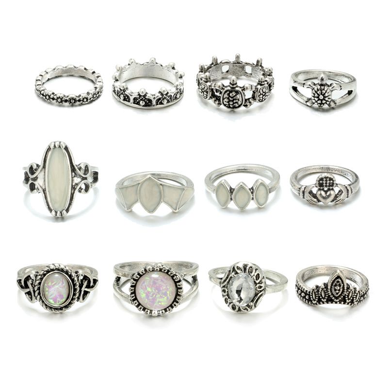 Europäischer Und Amerikanischer Bohemian Turtle Hollow Crown Ring Retro Herzförmiger Edelstein Tropf Ring 12-teiliges Set