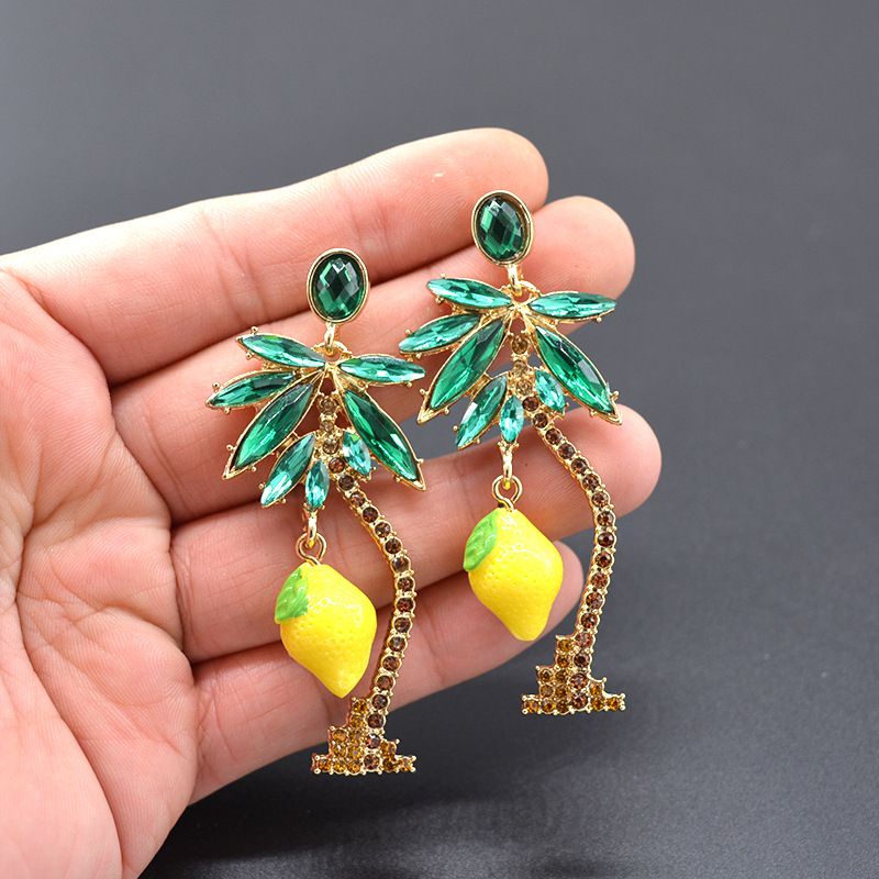 Neue Europäische Und Amerikanische Grüne Diamant-ananas-zitronen Ohrringe Weibliche Kokospalmen Ohrringe Übertriebene Mode Nachtclub Ohrringe Damen Ohrringe
