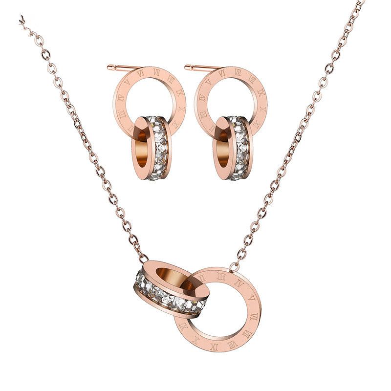 En Stock Vente Directe Mode Coréenne Femelle Titane Acier Or Rose Double Anneau Bijoux Pendentif Chiffres Romains Collier Et Boucle D'oreille Costume