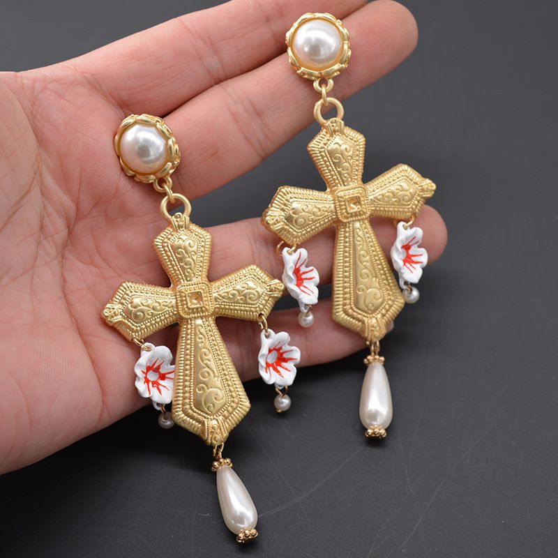 Neue Barocke Rokoko Sizilien Sommer Böhmischen Ethnischen Stil Perlen Strass Kreuz Ohrringe