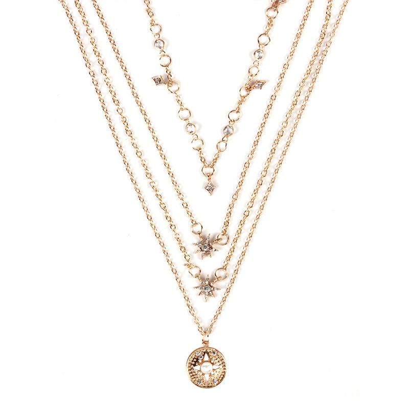 De Magnésium Di N6797 Européen Et Américain Tout Assorti Collier  Rétro Simple Étoiles Lune Perle Multi-couche Collier En Gros