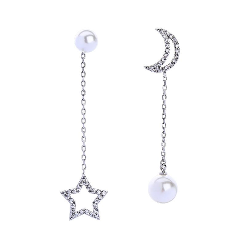 Dekoration Welt Schmuck S925 Silber Nadel Perle Zirkon Asymmetrische Stern Mond Ohrringe Temperament Koreanische Mode Ohrringe Me0092