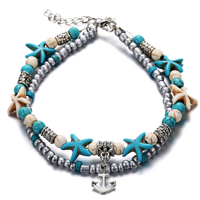 Européen Et Américain De Mode Double-cercle Cheville Conque Starfish Perle De Yoga Plage Bateau Ancre Pendentif Cheville Bracelet