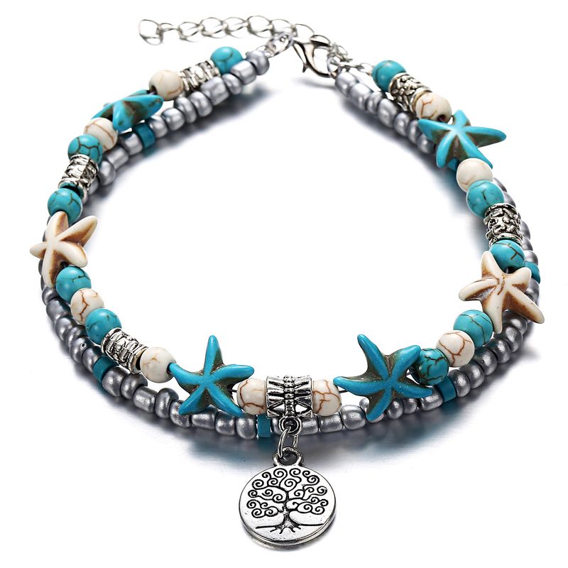 Européen Et Américain De Mode Double-cercle Cheville Starfish Perle De Yoga Plage Tag Arbre Pendentif Cheville Bracelet