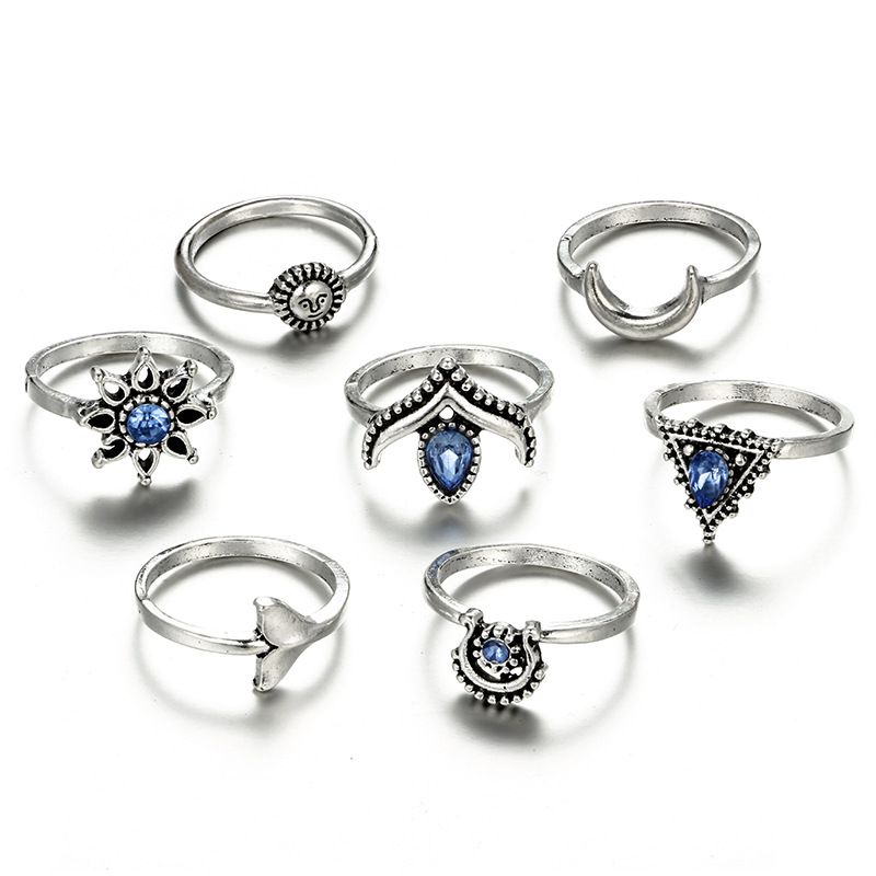 Europe And America Cross Border Ornament Geometric Sun Moon Horn Fishtail Boat Anchor Water Drop Flower Sapphire Ring 7-piece Set