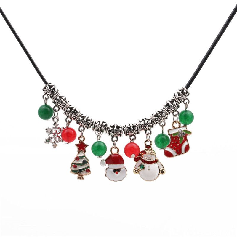 Européen Et Américain De Mode De Noël Santa Claus Clavicule Chaîne Collier Agate Perles Diy Pendentif Bonhomme De Neige Collier