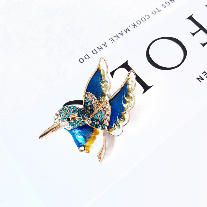 Suministro De Fábrica Exquisito Esmalte Esmaltado Azul Pájaro Broche Pin Chal Suéter Pin Gema Diamante Broche