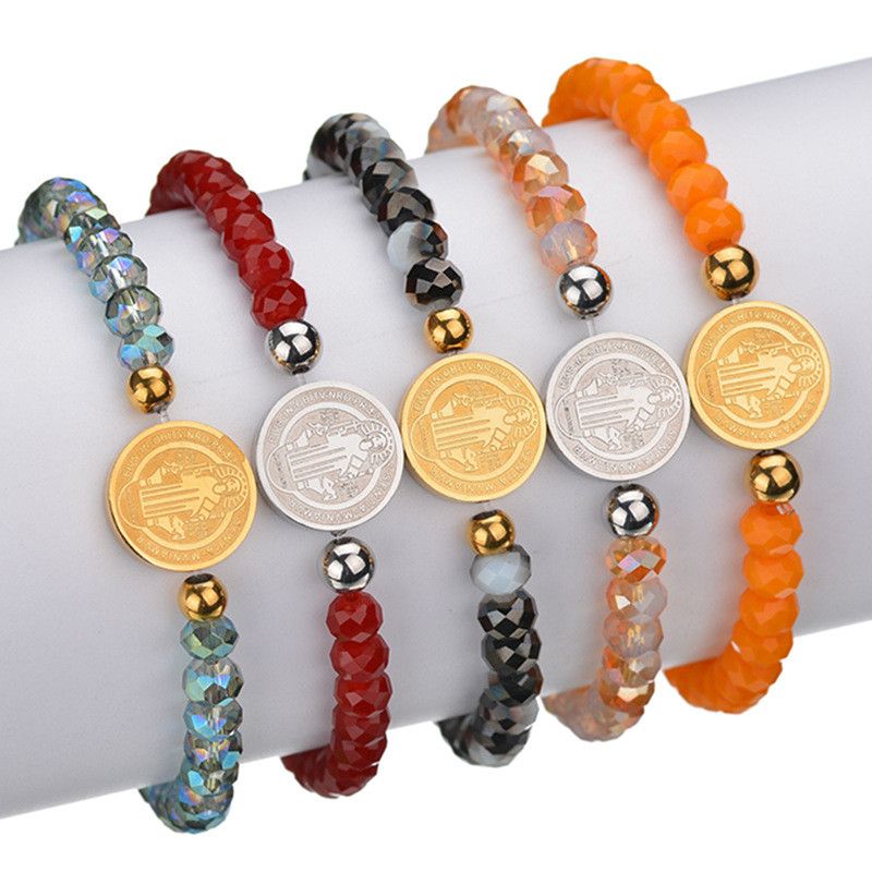 Neues Produkt Im Chinesischen Stil Hand Gefertigte Perlen, Doppelseitig Geschnitzte Runde Marke Edelstahl Armbänder Für Frauen, Farbige Perlen, Roter Handschmuck