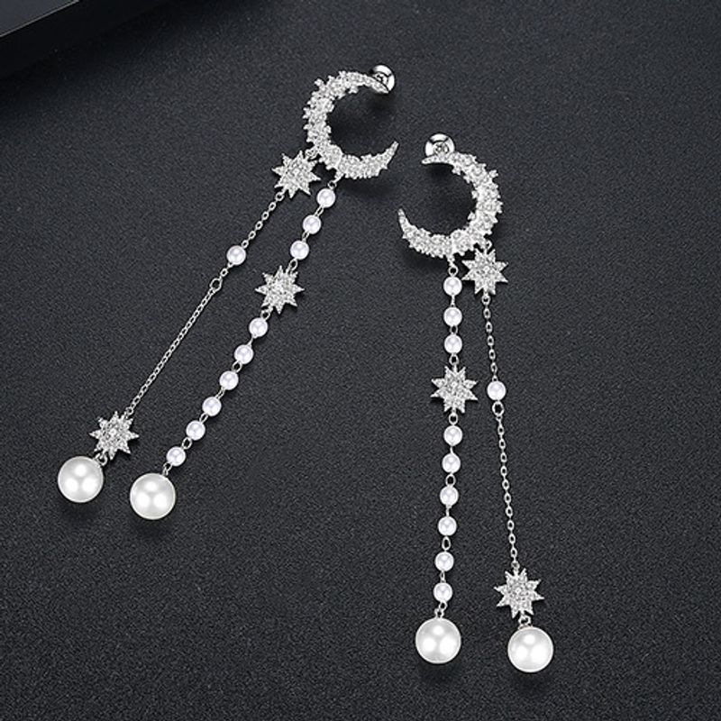 Jinse Xinyue Ohrringe Kupfer Eingelegtes 3a Zirkon Langes Koreanisches Quasten Perlen Mädchen Mond Förmiges Geschenk Ohrringe