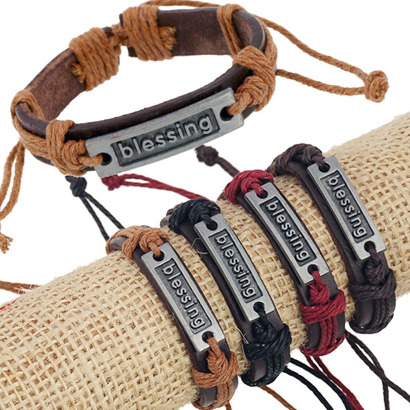 Retro Hand Gewebte Englische Buchstaben Blessing Rindsleder Armband Einfache Ausziehbare Verstellbare Leder Armband Armband