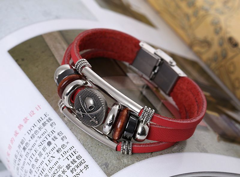 Simple Stainless Steel Buckle Leather Beaded Bracelet