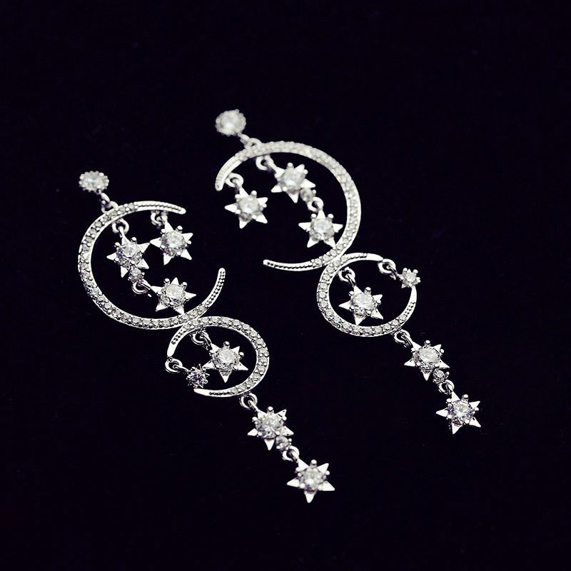 Koreanische Mode Stern Mond Zirkon Ohrringe Persönlichkeit Lange Fransen Damen Ohrringe 925 Silberne Nadel Ohrringe