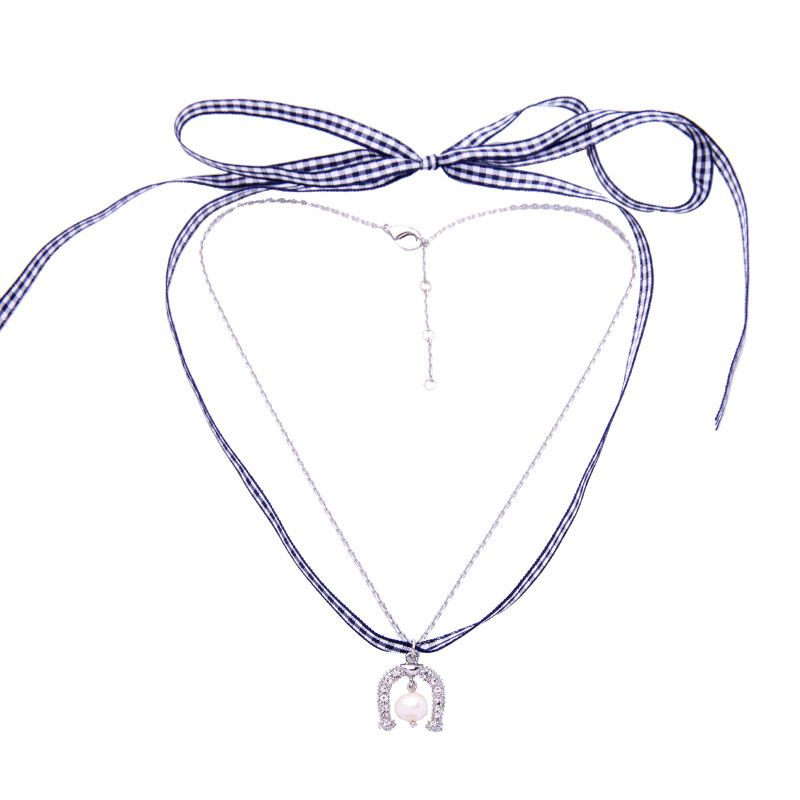 2021 Neue Mode Doppels Chicht Choker Halsband Mädchen Liebe Anhänger Halskette Kariert Stoff Netto-promi Schlüsselbein Halskette