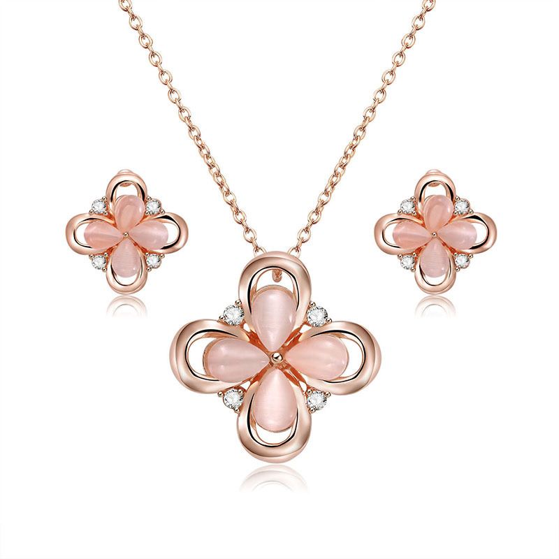 Rosa Blüten Blätter Legierung Opal Form Ohrringe Halskette Schmuck Zweiteiliges Set Eaby  Fabrik Direkt Vertrieb