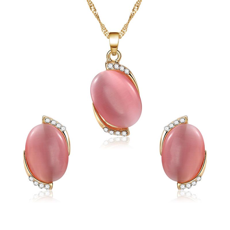 New Oval Pink Opal Strass Halskette Ohrringe Schmuck Set Europäische Und Amerikanische Mode Mode Außenhandel Hot Sale