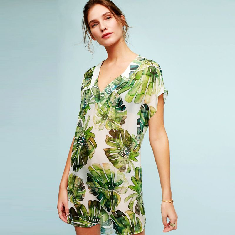 Chiffon Fashion  Coat  (green Leaves Chiffon Blouse) Nhxw0302-green-leaves-chiffon-blouse