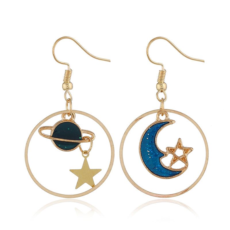 Japanische Und Koreanische Kleine Frische Tropfen Öl Blaue Mond Stern Ohrringe Symmetrische Mode Mädchen All-match Halbmond Förmige Kreis Ohrringe