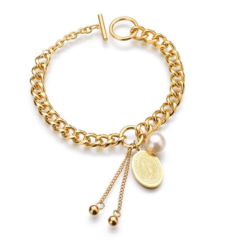 Außenhandels Schmuck Heißer Verkauf 18 Karat Gold Oval Marke Mädchen Porträt Armband Damen Edelstahl Perlen Armband Großhandel