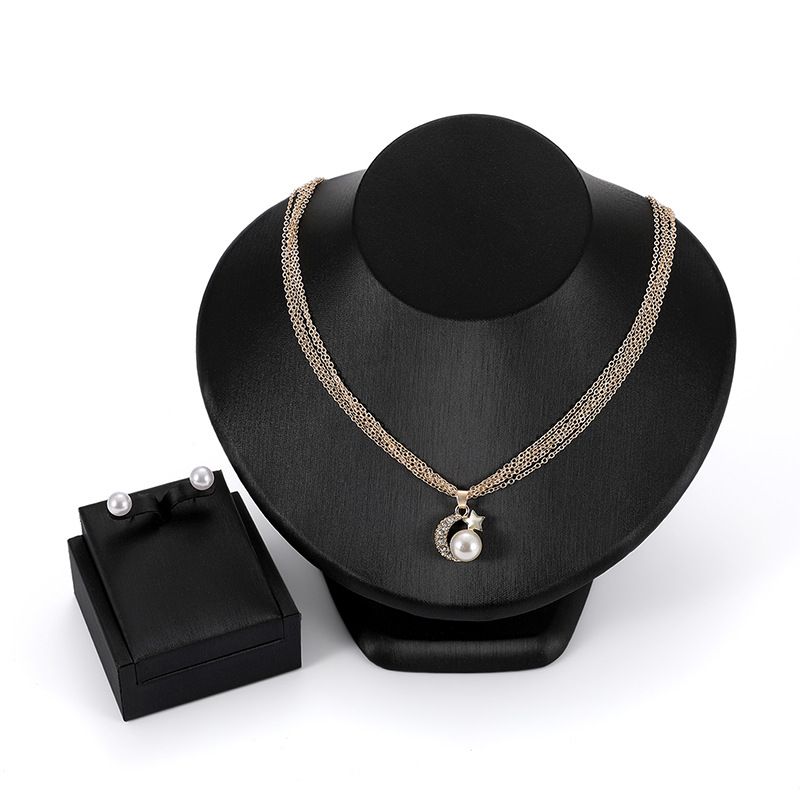 Kreatives Schmuck Set Stern Mond Legierung Eingelegtes Perlenkette Ohrring Zweiteiliges Außenhandels Angebot