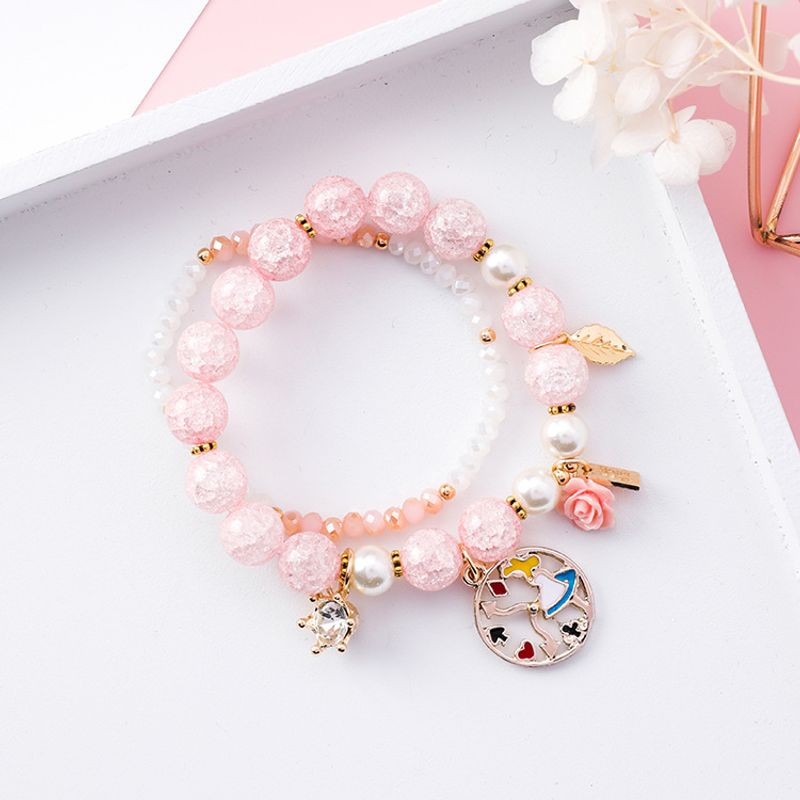 Style Japonais Doux Fille Fille Coeur Fissuré Cystal Feuille Fleur En Forme De Bracelet Horloge Fun Double-couche Creative Perlé Bracelet Pour Les Femmes
