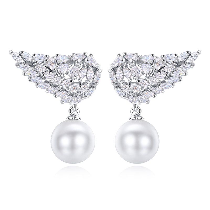 Jinse Feder Perlen Ohr Stecker Koreanische Mode Aaa Zirkon Flügel Frauen Perlen Neue Ohrringe Hersteller Geschenk