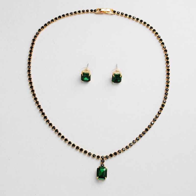 Cross-border Hot Sale Strass Set Kette Europäische Und Amerikanische Halskette Ohrring Set Einfache Smaragd Kristallglas Schmuck Set Kette