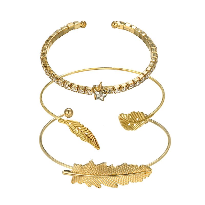 2018 Nouveau Bracelet De Mode En Métal Plume Alliage Ouvert Feuille Bracelet Étoile À Cinq Branches Diamant Bracelet 3-pièces Ensemble