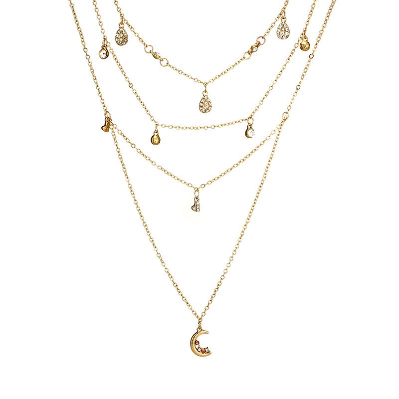 2018 Japonais Et Coréen Simple Géométrique Goutte D'eau En Forme De Coeur Pendentif Collier Lune Court Pendentif Multi-couche Collier