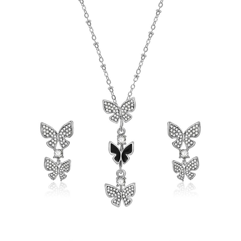 Papillon De La Mode Coréenne Couture Alliage Peinture À L'huile Diamant-clouté Collier Deux-pièce Boucles D'oreilles Qualité Fournir