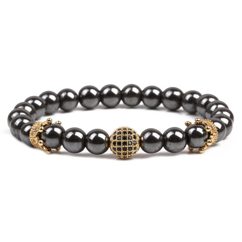 Vente Chaude À  Hématite Bracelet Couronne Strass Boule Bracelet Perlé Fait Main De Cuivre Hommes