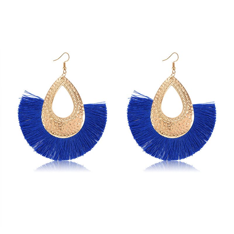 Bohemian Ethnic Style Metal Hollow Water Drop Women's Earrings Europe And America Cross Border Blue Tassel Personalized Earrings