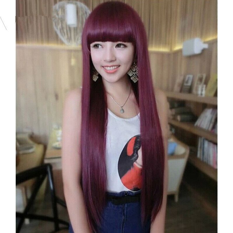 High-temperature Fashion Straight Wig  (wine Red Qi Liuhai) Nhnf0079-wine-red-qi-liuhai