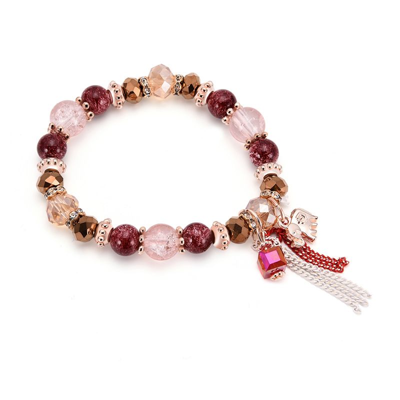 Vente Chaude Style Bohème Rose Cristal Gland Bracelet Petit Éléphant Pendentif De Mode Exquis Et Polyvalent Bracelet