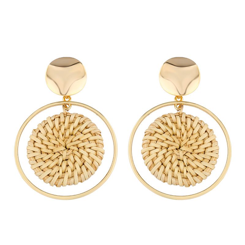 Mode Coréenne Bambou Tissé Boule En Bois Anneau Rond Boucles D'oreilles Femme Simple Personnalisé Tout-match Boucles D'oreilles Accessoires En Gros Erp39