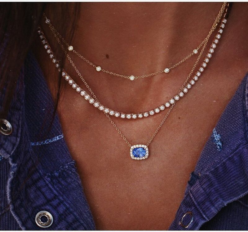 2019 Mode Géométrie Motif Diamant Perlé Chaîne Gemme Bleue Multi-couche Collier Clavicule Chaîne