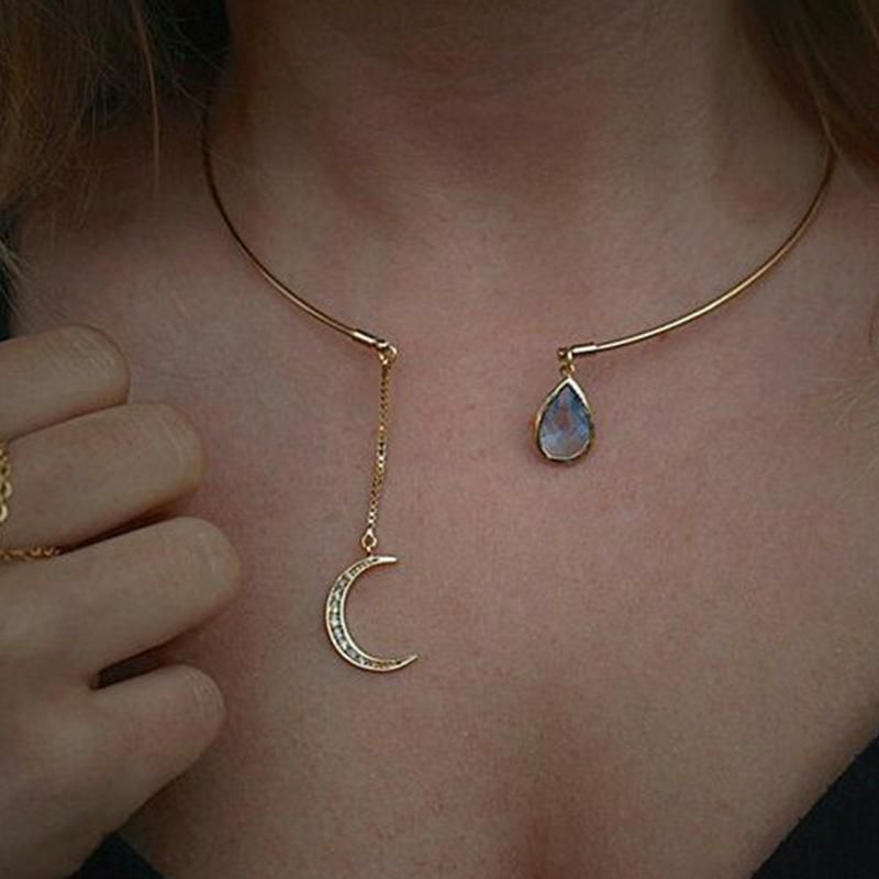 Simple And Generous Artificial Gemstone Moon Water Drop Short Necklace Nhdp157411