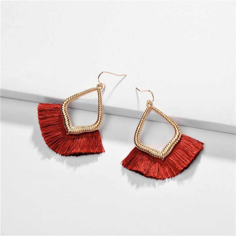 Alloy Hollow Drop Cotton Thread Ear Fringed Fan-shaped Earrings Nhlu157513