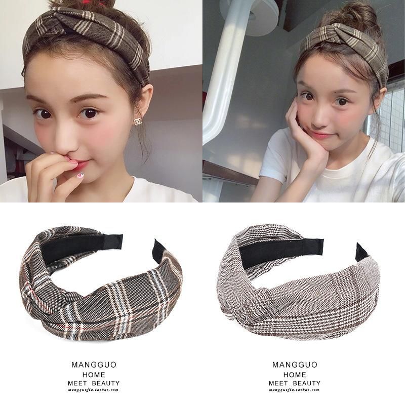Korean Version Of The Houndstooth Fabric Knotted Wide-brimmed Headband Nhof157704